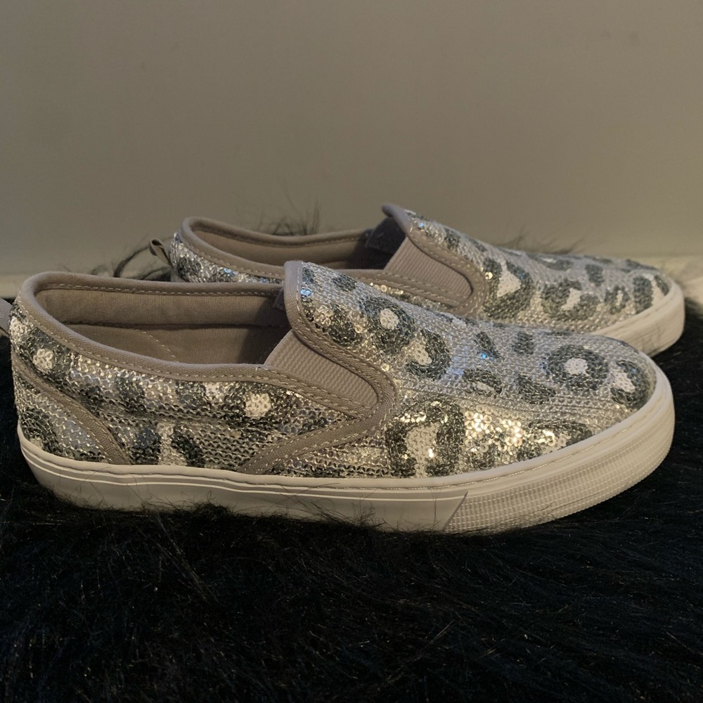 Silver cheetah print slip on sneakers